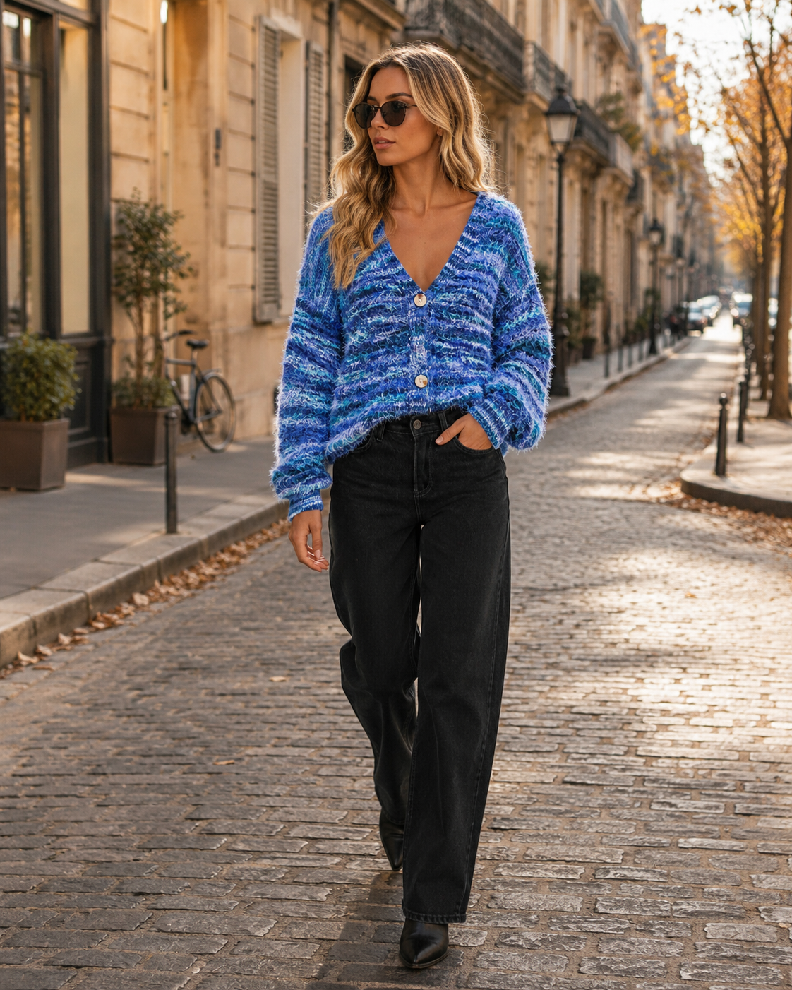 Gwendolyn Cardigan femme rayé – Maille duveteuse, col V, boutonné, manches longues
