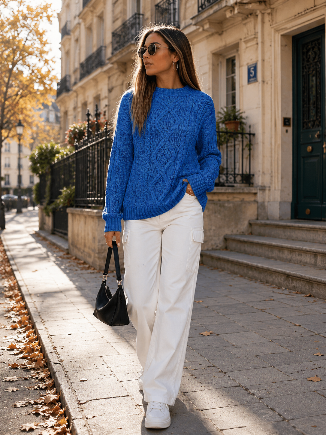 Mavis Pull femme maille torsadée – Coton mélangé, col rond, coupe oversize