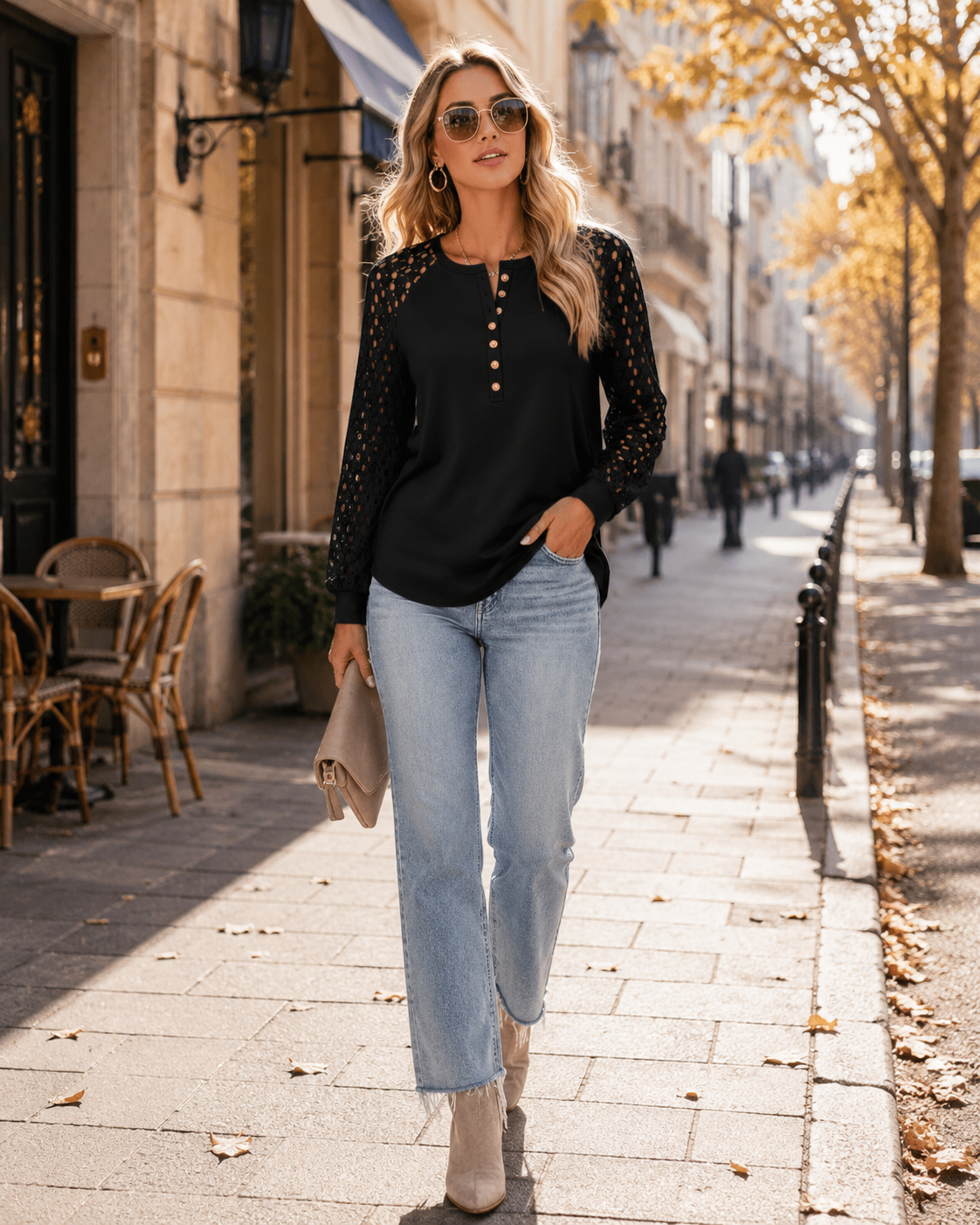 Loretta Blouse femme – Manches dentelle, col Henley boutonné, coupe décontractée