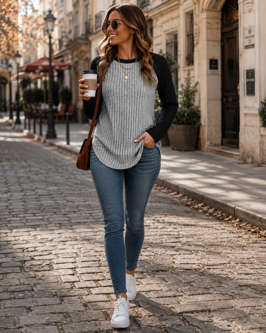 Marjorie Pull tunique femme – Maille côtelée, manches raglan, coupe ample, ourlet arrondi