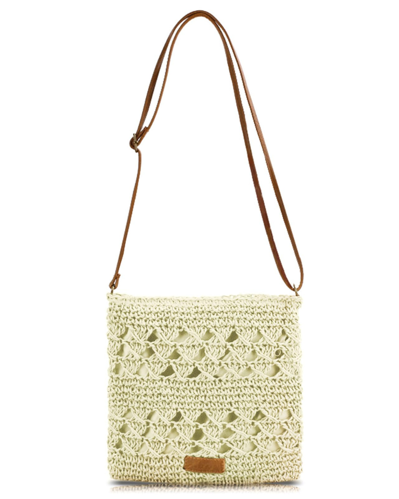 Bianca Sacchetto a Tracolla Donna – Borsa in Paglia Intrecciata Stile Bohemien Chiusura con Zip Tracolla Regolabile