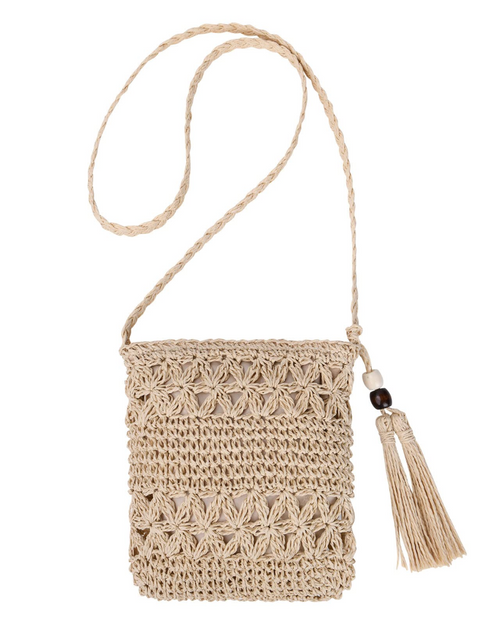 Aubrielle Sac en Paille Femme – Sac Bandoulière Bohème Tressé avec Pompon & Fermeture Éclair