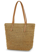 Harlow Sac de Plage Femme – Cabas en Paille avec Fermeture Éclair & Poignées en PU