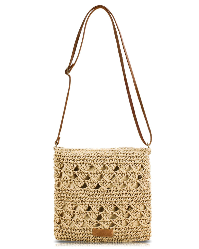 Bianca Sacchetto a Tracolla Donna – Borsa in Paglia Intrecciata Stile Bohemien Chiusura con Zip Tracolla Regolabile