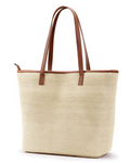 Delaney Women's Beach Bag - Striped Straw Tote with PU Handles & Zipper Closure