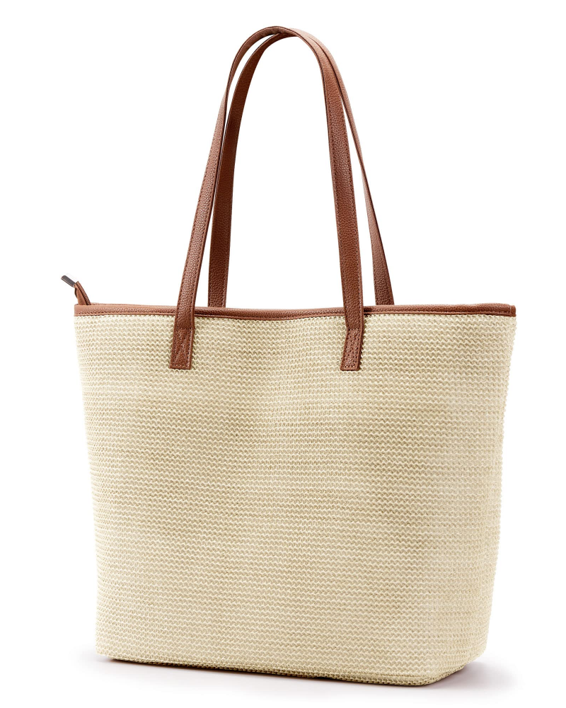 Delaney Sac de Plage Femme – Cabas en Paille Rayé avec Poignées en PU & Fermeture Éclair