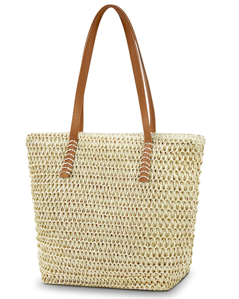 Harlow Sac de Plage Femme – Cabas en Paille avec Fermeture Éclair & Poignées en PU