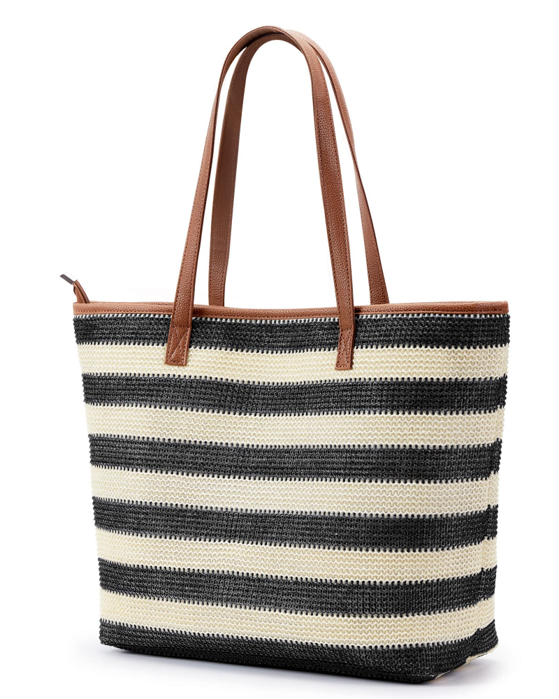 Delaney Sac de Plage Femme – Cabas en Paille Rayé avec Poignées en PU & Fermeture Éclair