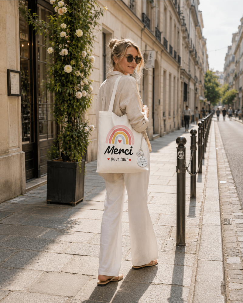 Kinsley Sac Cabas Femme – Tote Bag Imprimé Arc-en-Ciel avec Porte-Clés Cœur en Coton