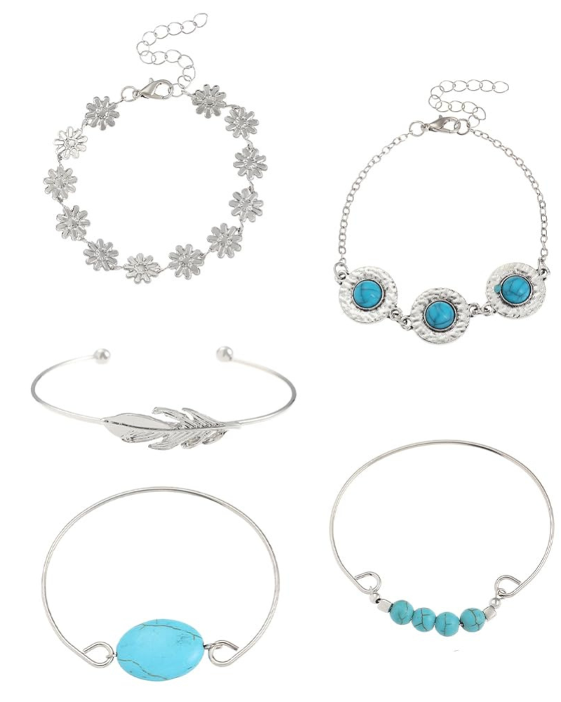 Fallon Women's Bracelet – Turquoise Chain Bracelet with Floral Leaf Pattern in Alloy Steel