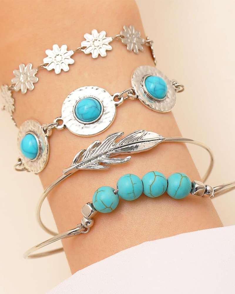 Fallon Women's Bracelet – Turquoise Chain Bracelet with Floral Leaf Pattern in Alloy Steel