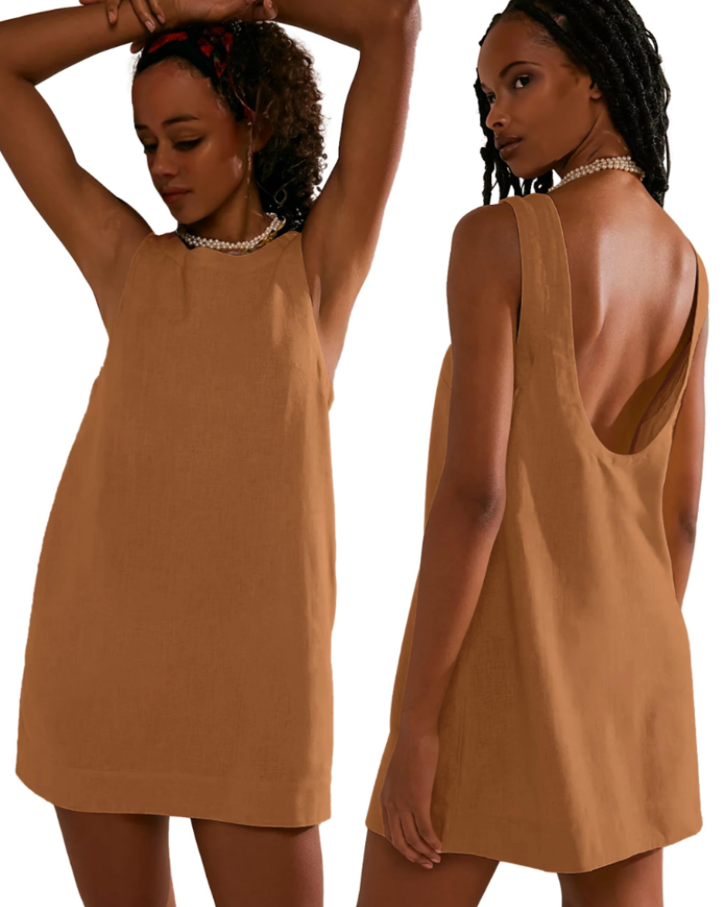 Juliette Women's Short Dress - Sleeveless Backless Summer Dress with Pockets in Linen Blend