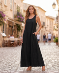 Genevieve Robe Longue Femme – Robe Maxi en Lin & Coton Sans Manches avec Poches