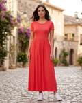 Cambria Long Dress Women’s – Maxi Flared Dress Round Neck Short Sleeves Gathered Waist  