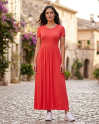 Cambria Long Dress Women’s – Maxi Flared Dress Round Neck Short Sleeves Gathered Waist  