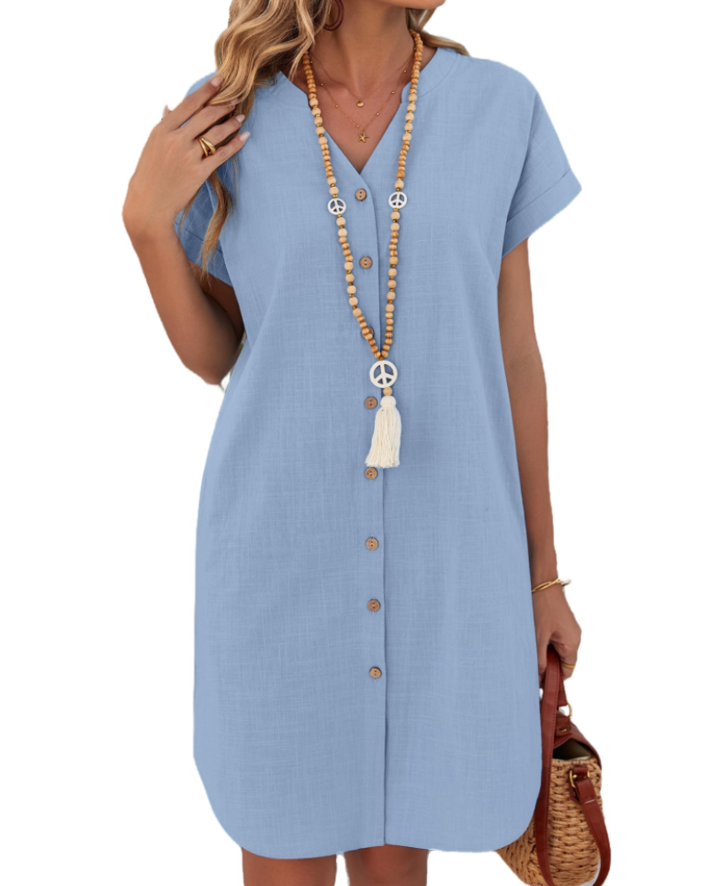 Bethany Robe Chemise Femme – Robe Courte en Coton et Lin Col V Henley Boutonnée