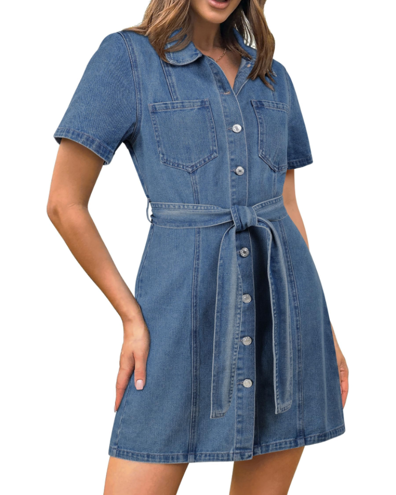 Kinsley Robe en Jean Femme – Robe Chemise Boutonnée Ceinturée avec Poches en Coton Stretch