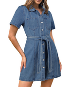 Kinsley Robe en Jean Femme – Robe Chemise Boutonnée Ceinturée avec Poches en Coton Stretch