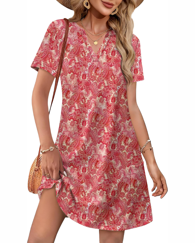 Vestito midi Brianna Donna – Vestito ampio con scollo a V, tasche, maniche corte, stile boho  