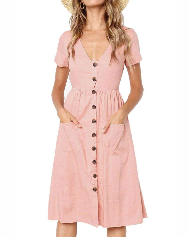 Lydia Robe Midi Femme – Robe Col V Style T-Shirt avec Poches Taille Empire et Boutons Décoratifs
