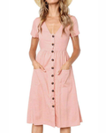 Lydia Women's Midi Dress – V-Neck T-Shirt Style Dress with Pockets Empire Waist and Decorative Buttons