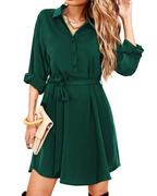 Rebecca Robe Chemise Femme – Robe Midi Col V Ceinturée Boutonnée à Manches Longues