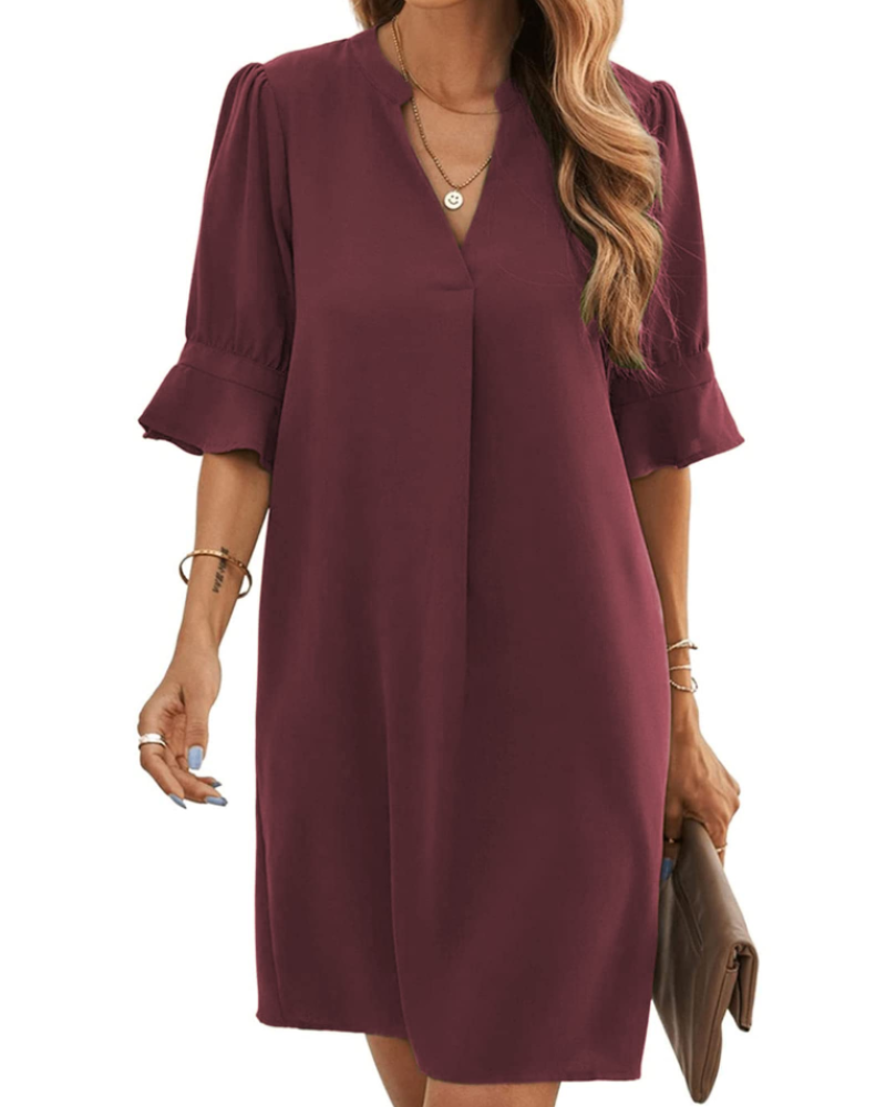 Mallory Robe Femme – Robe Courte Col V Fluide à Manches Courtes Coupe Ample