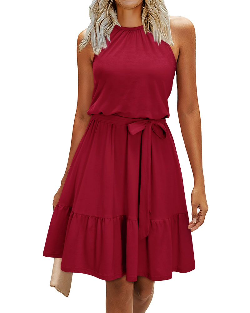 Kendall Robe Licou Femme – Robe d'Été Évasée Longueur Genou avec Ceinture Nouée