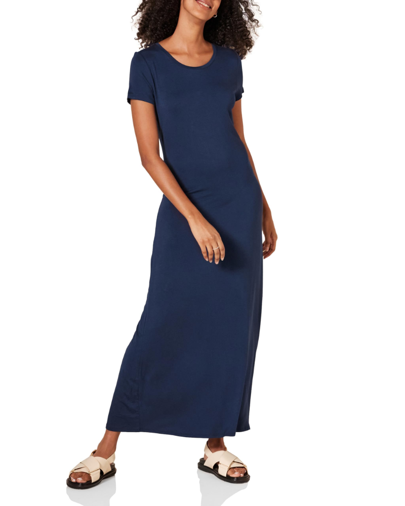 Corinne Robe Longue Femme – Robe Maxi Col Rond Manches Courtes Jersey Extensible Coupe Ajustée