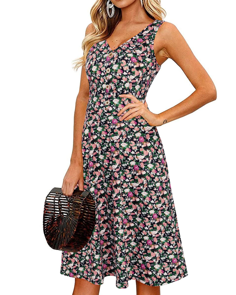 Finley Robe Midi Femme – Robe Col V Sans Manches Fleurie avec Poches Coupe Évasée