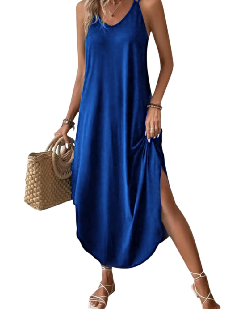 Sienna Robe Longue Femme – Maxi Robe Col V à Bretelles Fines avec Fente Élégante