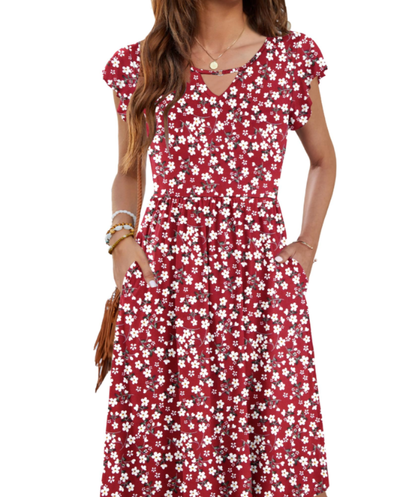 Teagan Robe Midi Femme – Robe Col V Évasée avec Poches Taille Élastiquée Fluide