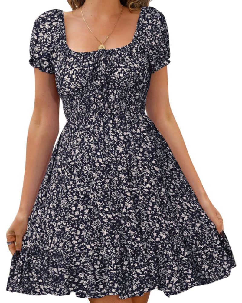 Oakley Women's Short Dress – Floral Backless Puff Sleeve Elastic Waist Dress
