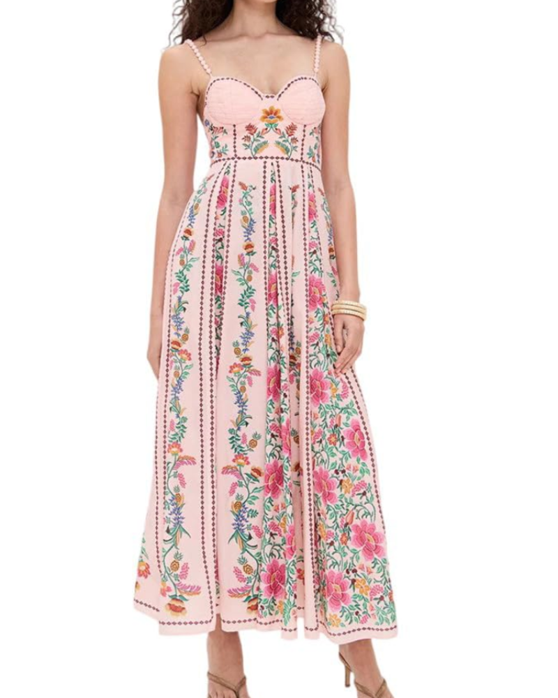 Vestido Maxi Eliana para Mujer – Vestido Bohemio Estampado con Hombros Descubiertos y Cintura Alta