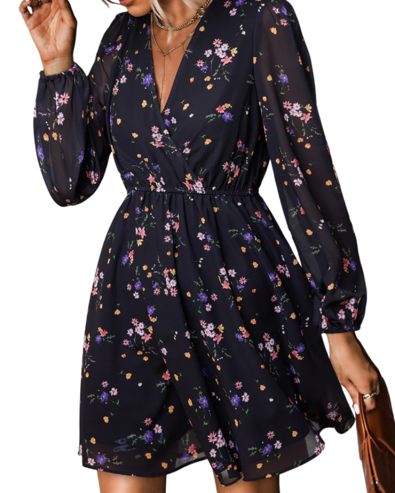 Danielle Women's Short Dress – Chiffon V-Neck Elastic Waist Long Sleeves Dress