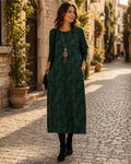 Pauline Women's Long Dress – Fleece Long-Sleeved Dress with Pockets & Elegant Floral Print