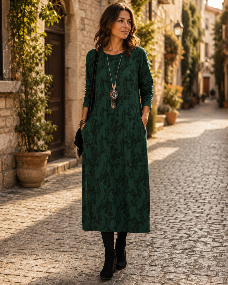 Pauline Women's Long Dress – Fleece Long-Sleeved Dress with Pockets & Elegant Floral Print