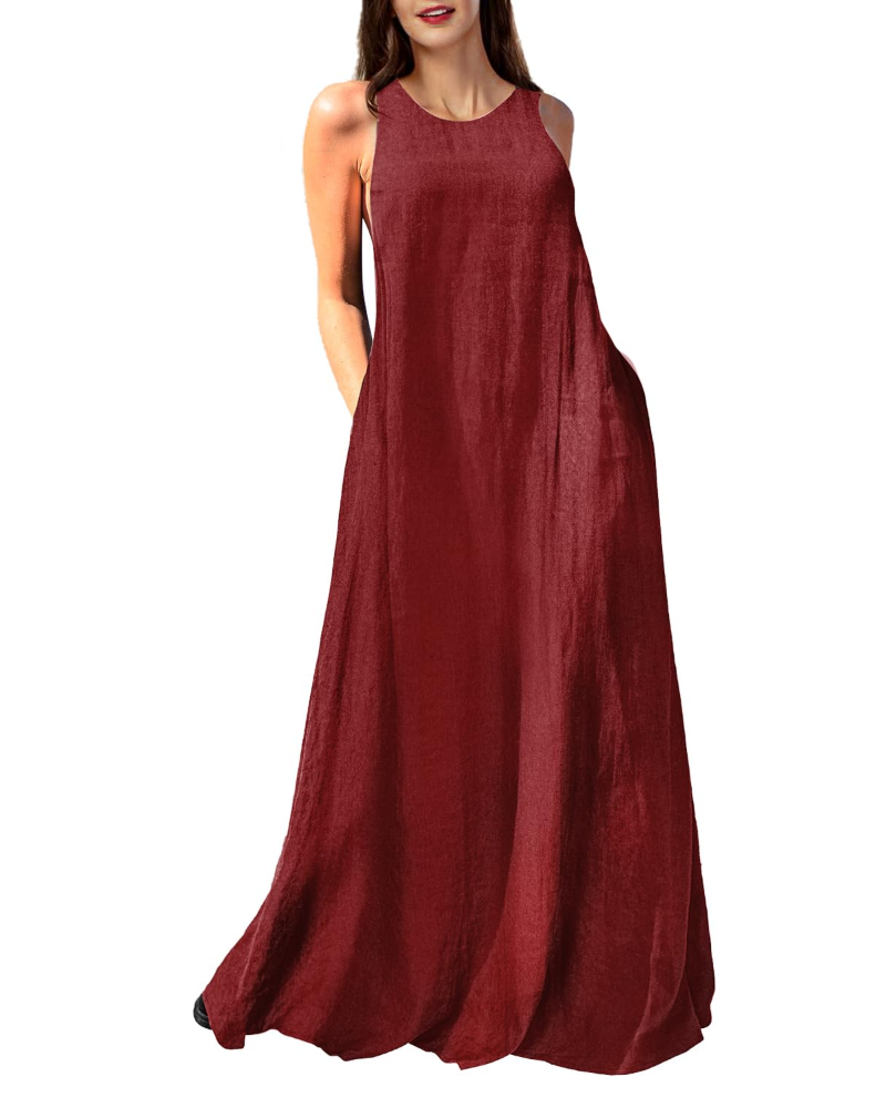 Genevieve Robe Longue Femme – Robe Maxi en Lin & Coton Sans Manches avec Poches