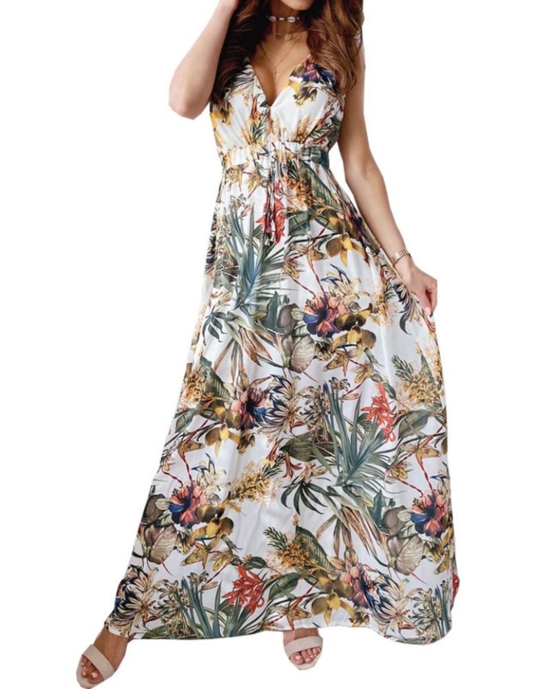 Sydney Robe Longue Femme – Robe Maxi Col V Sans Manches Imprimé Tropical Taille Ajustable