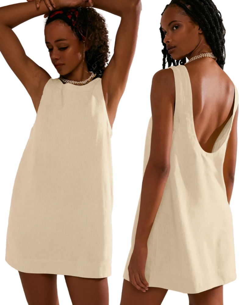Juliette Women's Short Dress - Sleeveless Backless Summer Dress with Pockets in Linen Blend