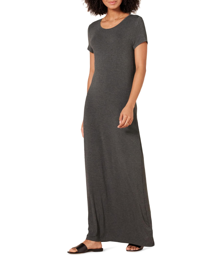 Corinne Long Dress Women’s – Maxi Dress Round Neck Short Sleeves Stretch Jersey Fitted Cut  