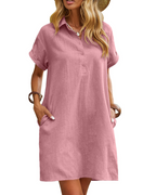 Vestido camisa para mujer Camryn – Vestido corto de algodón abotonado con bolsillos y mangas cortas