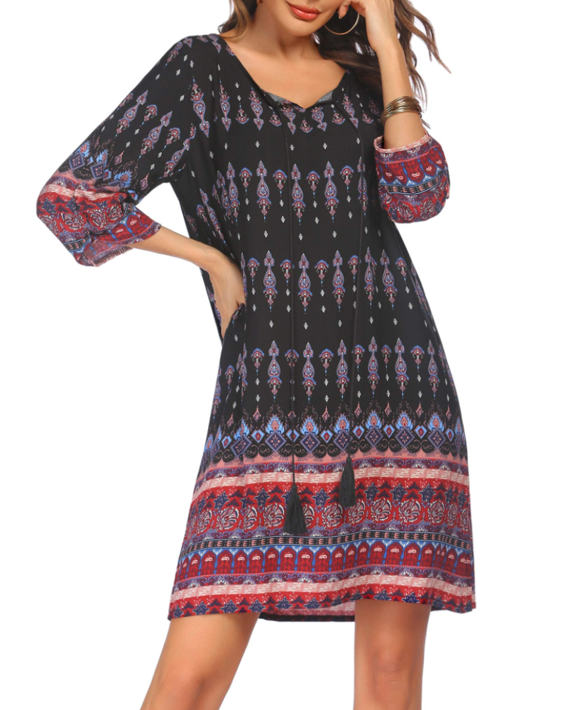 Marlowe Robe Bohème Femme – Robe Tunique Imprimée Col V à Pampilles Manches 3/4 Ample