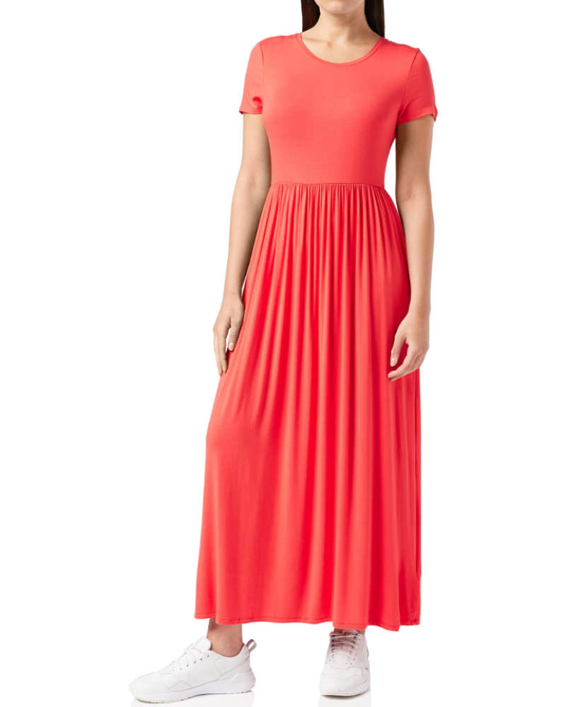Cambria Long Dress Women’s – Maxi Flared Dress Round Neck Short Sleeves Gathered Waist  