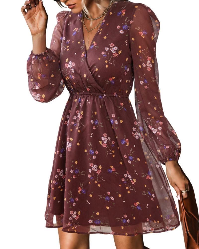 Danielle Women's Short Dress – Chiffon V-Neck Elastic Waist Long Sleeves Dress