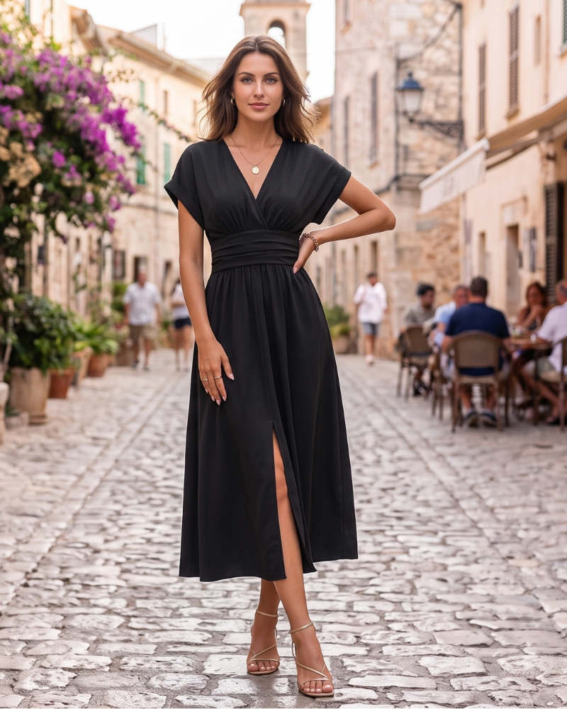 Kennedy Vestito Maxi Donna – Vestito Lungo Plissettato Scollo a V con Maniche a Pipistrello Elegante