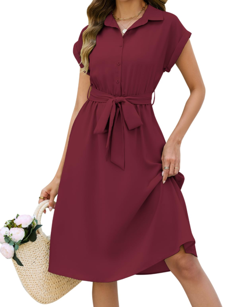 Madeline Robe Chemise Femme – Robe Midi Col V Ceinturée avec Poches & Manches Retroussées