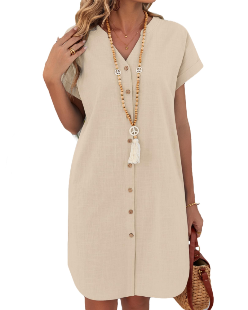 Bethany Robe Chemise Femme – Robe Courte en Coton et Lin Col V Henley Boutonnée