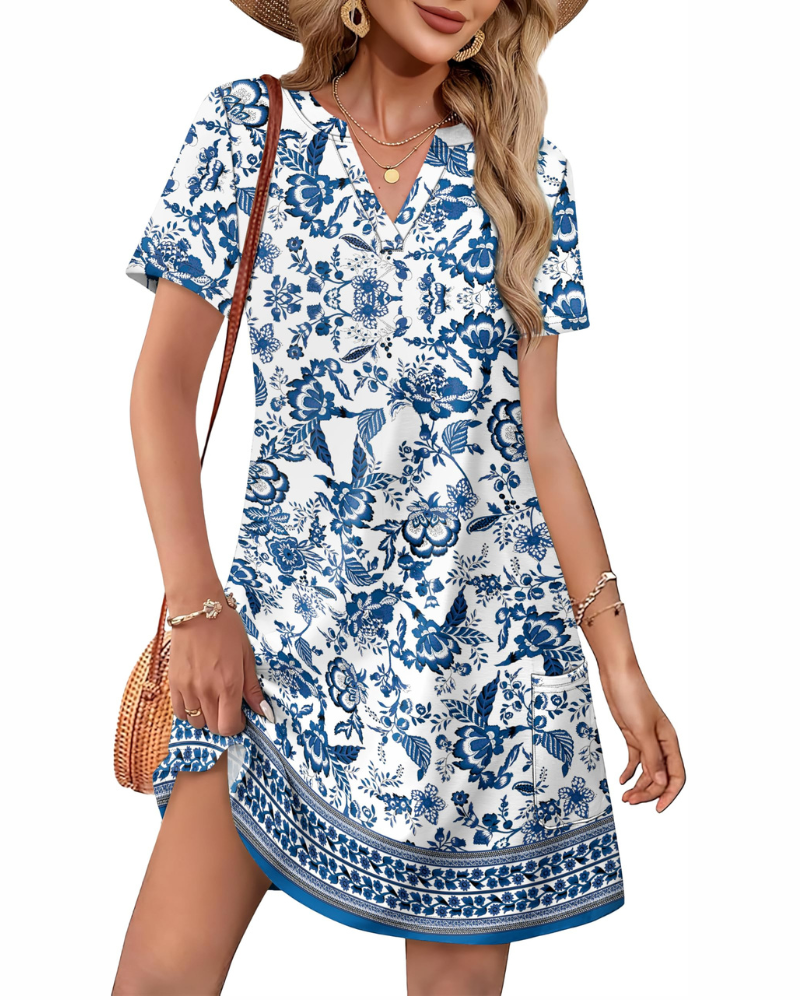 Brianna Robe Midi Femme – Robe Col V Ample avec Poches Manches Courtes Style Bohème