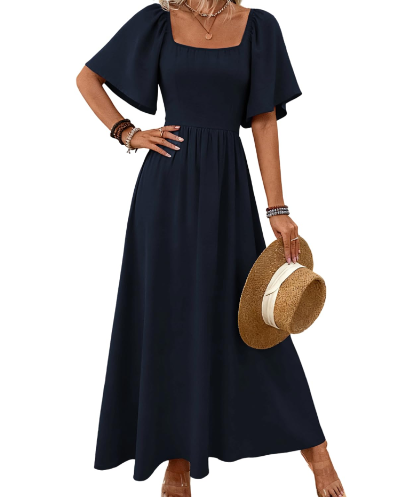 Fiona Robe Longue Femme – Maxi Robe Col Carré Taille Empire Manches Papillon